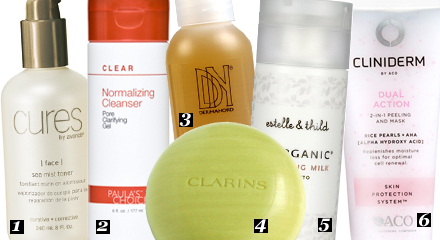 1. Ansiktsvatten, Cures Sea mist toner, 310 kr. 2. Rengöring för hud med akne, Paula's choice Clear Normalizing cleanser, cirka 150 kr. 3. Ansiktstvål, Clarins Gntle beauty soap, 195 kr. 4. Rengöringsolja, Dermanord Precleansing oil gentle, 195 kr. 5. Rengöringsmjölk, Estelle & thild Ecoorganic Cleansing milk Rose otto, 195 kr. 6. Peeling, Cliniderm Dual Action Peeling, 99 kr. produkter